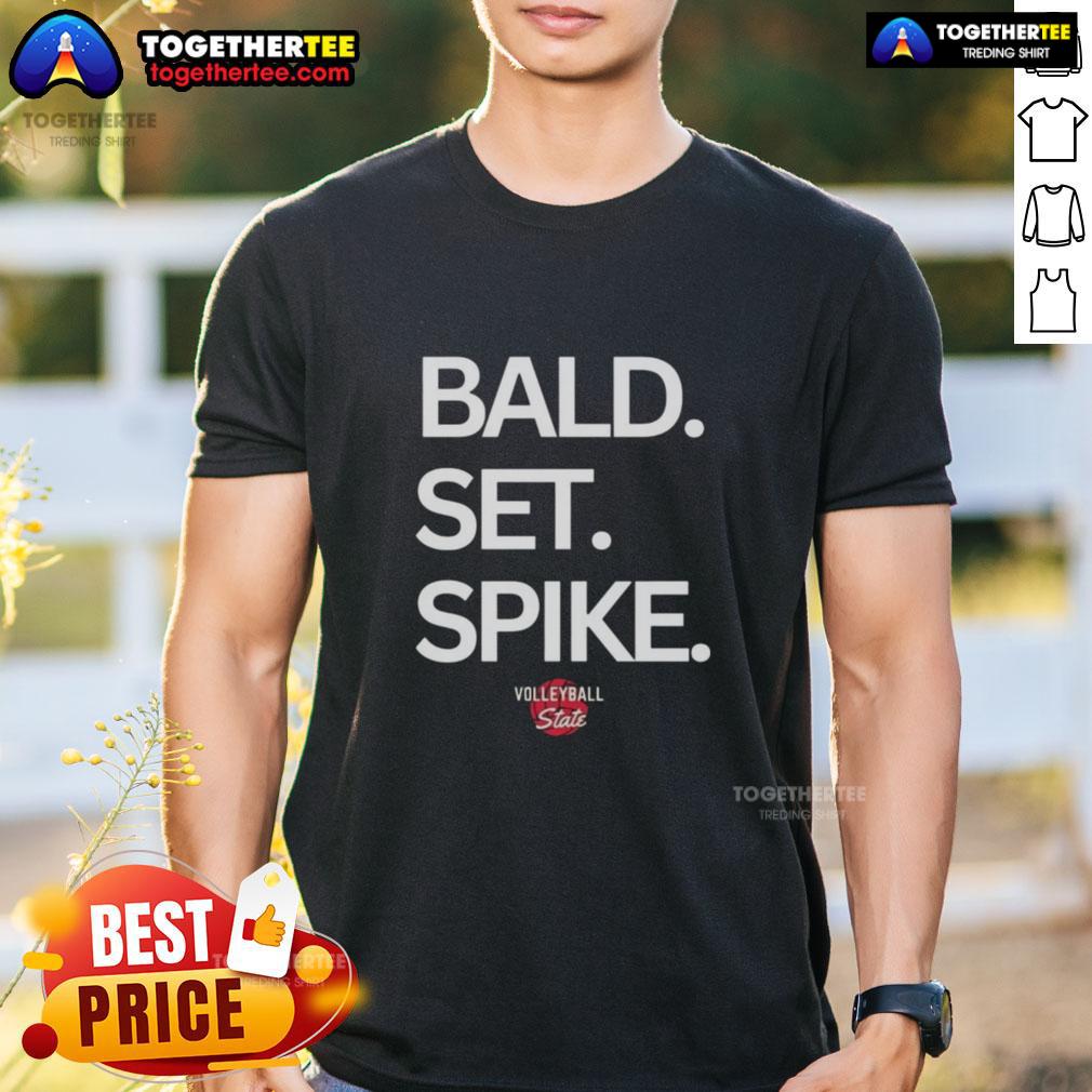 Official Bald Set Spike Volleyball State T-Shirt featuring vibrant graphics and comfortable fit for volleyball enthusiasts.