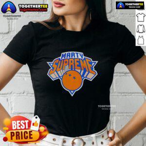 Official Marty Supreme New York Knicks logo parody ladies tee featuring a fun, stylish design for fans.