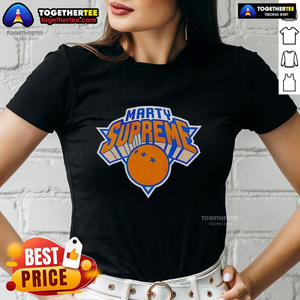 Official Marty Supreme New York Knicks logo parody ladies tee featuring a fun, stylish design for fans.