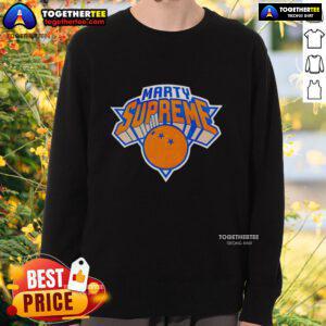 Alt Text: Official Marty Supreme New York Knicks logo parody sweatshirt featuring a unique design and vibrant colors.
