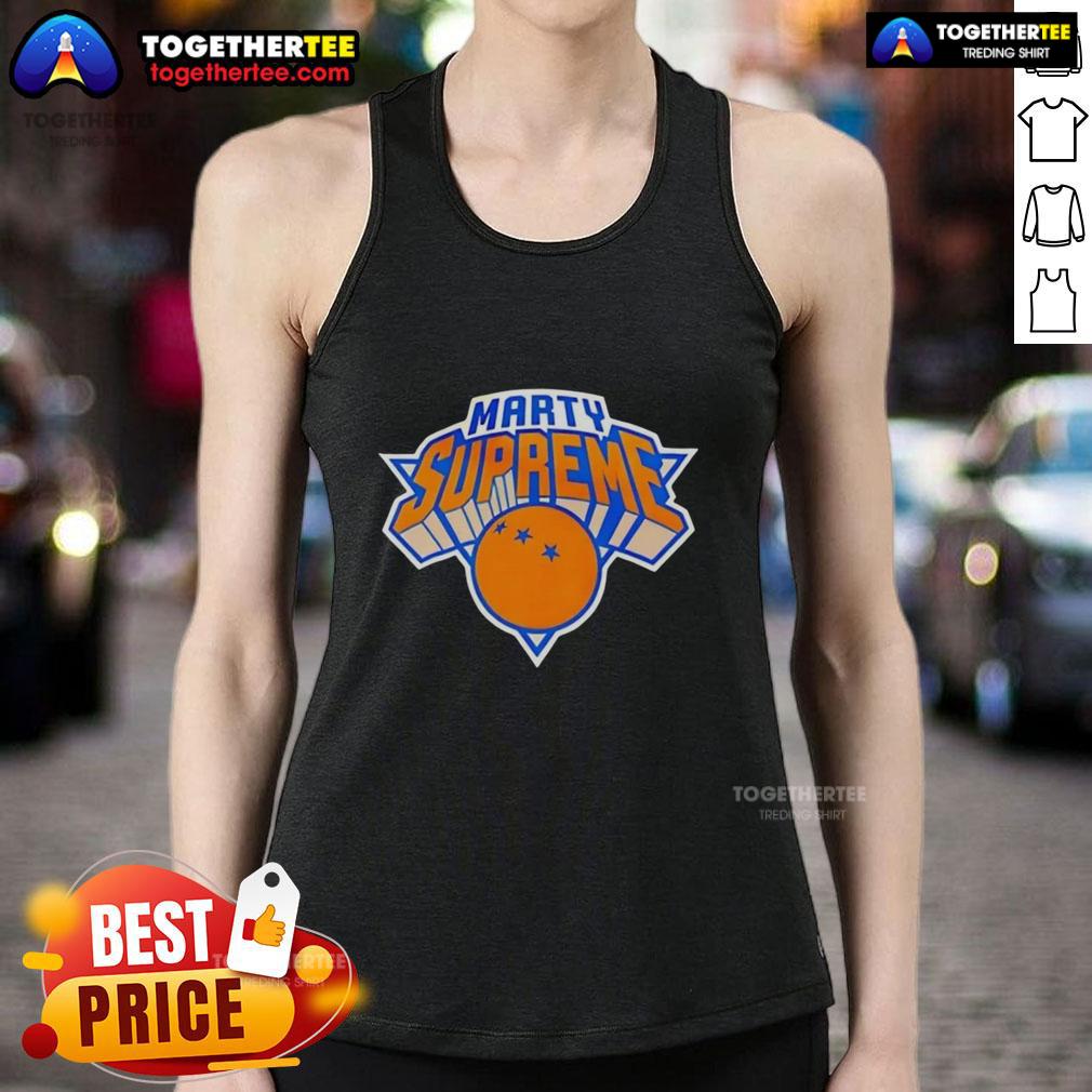 Official Marty Supreme New York Knicks logo parody tank top featuring a creative twist on the classic sports design.