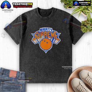 Official Marty Supreme New York Knicks logo parody washed t-shirt featuring a unique design and vibrant colors.