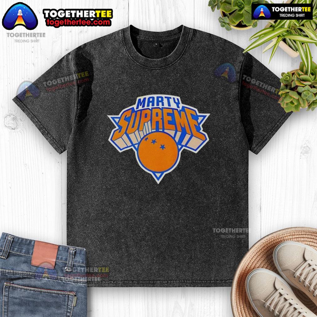 Official Marty Supreme New York Knicks logo parody washed t-shirt featuring a unique design and vibrant colors.