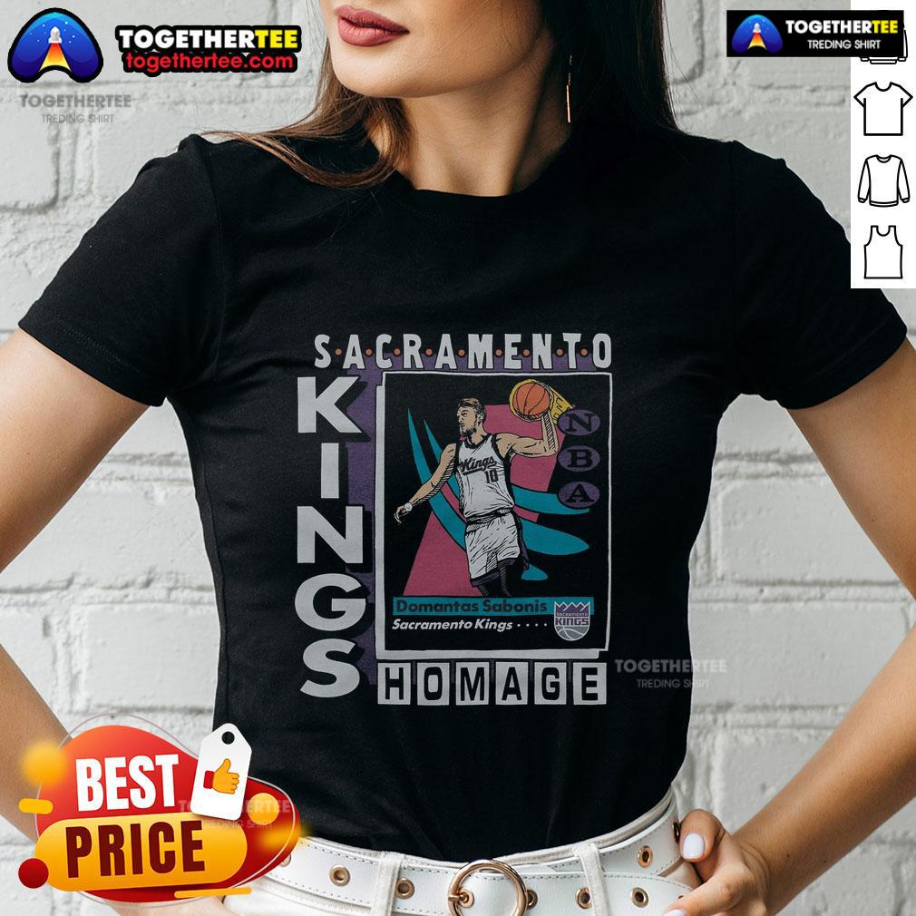 Official Sacramento Kings trading card featuring Domantas Sabonis on a stylish ladies tee for fans.