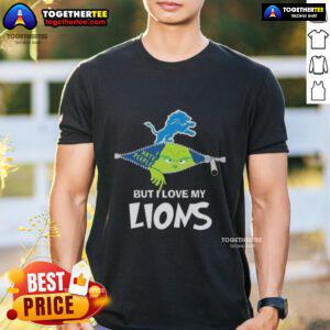 Alt Text: Original Grinch Christmas T-Shirt featuring 'But I Love My Detroit Lions' design for festive football fans.
