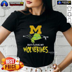 Original Grinch Christmas tee for women featuring Michigan Wolverines design, perfect for holiday cheer and team spirit.