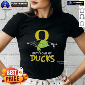 Original Grinch Christmas tee for ladies, featuring Oregon Ducks design, perfect for festive fans and holiday spirit.