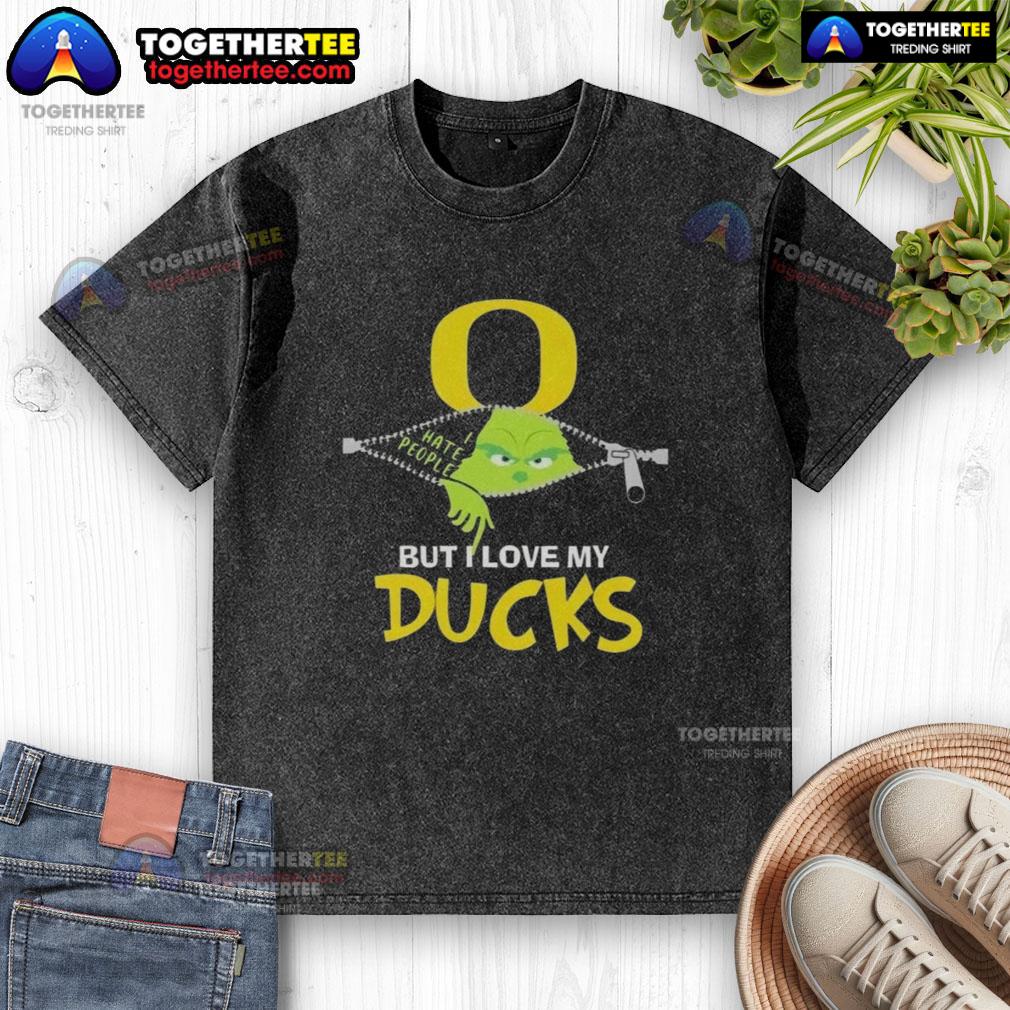 Alt Text: Original Grinch Christmas t-shirt featuring a love for Oregon Ducks, perfect for festive game day celebrations.