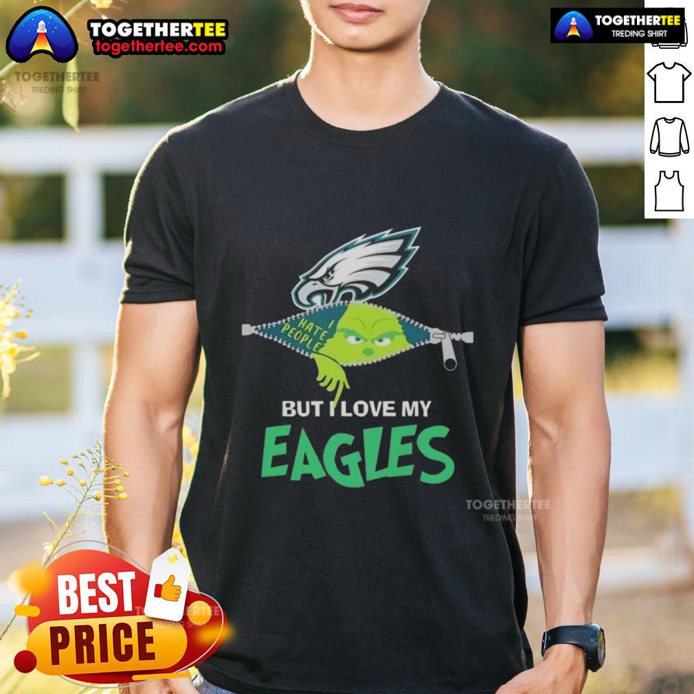 Original Grinch Christmas t-shirt featuring 'But I Love My Philadelphia Eagles' slogan, perfect for holiday fans.