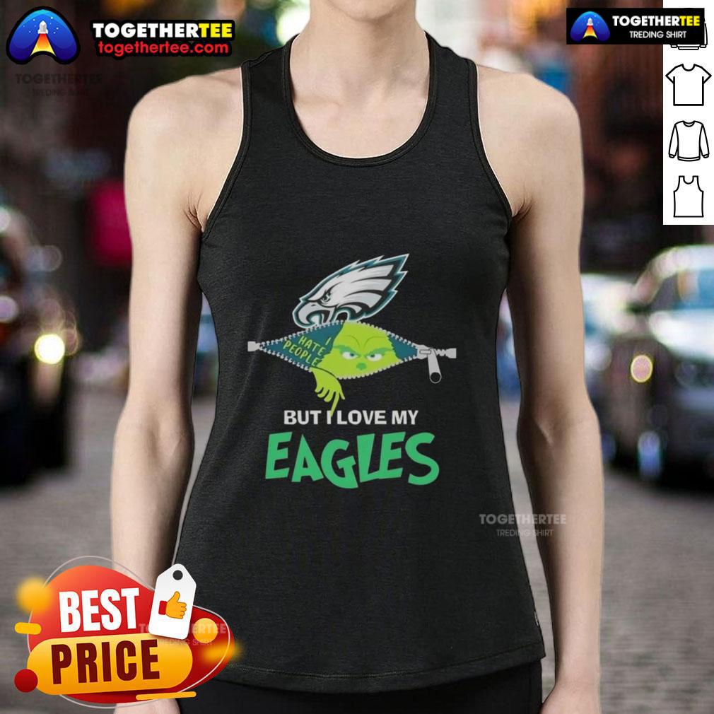 Original Grinch Christmas tank top featuring 'But I Love My Philadelphia Eagles' design, perfect for holiday cheer.