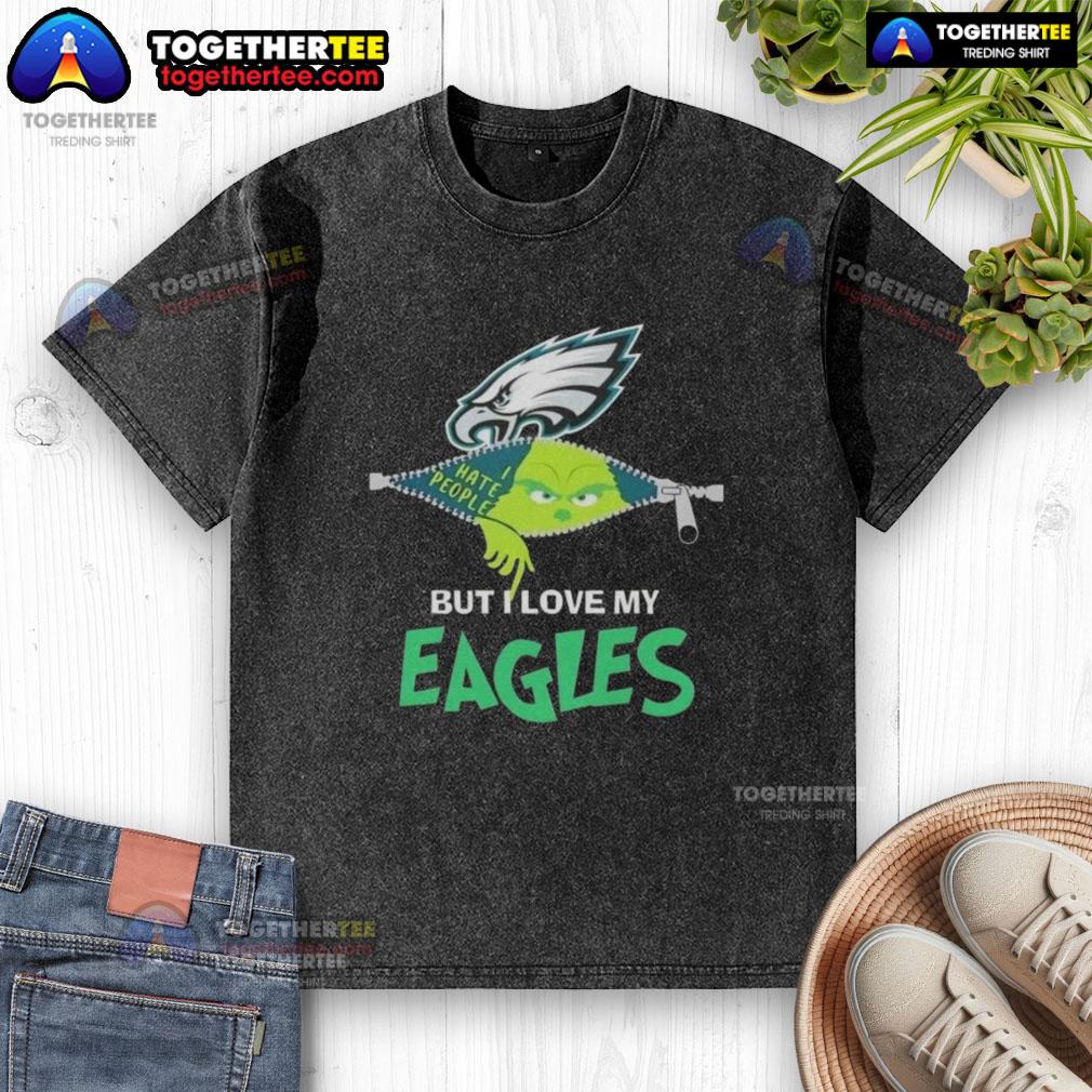 Original Grinch Christmas shirt featuring 'But I Love My Philadelphia Eagles' design, perfect for holiday fans.