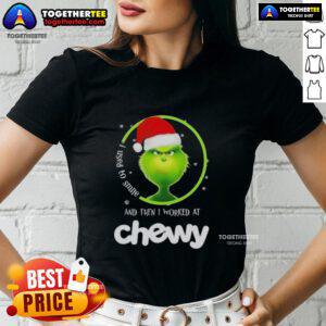 Alt Text: Original Grinch Christmas tee for ladies featuring 'I Used to Smile and Then I Worked at Chewy' design.