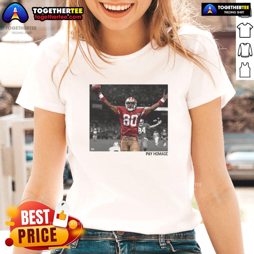 Original Jerry Rice San Francisco 49ers NFL Pay Homage ladies tee featuring vibrant team colors and unique design.