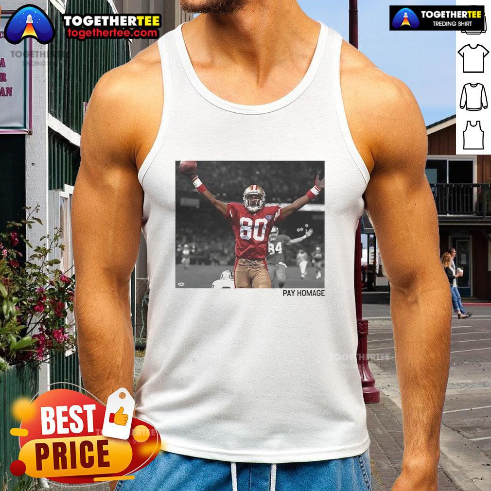 Original Jerry Rice San Francisco 49ers NFL pay homage tank top featuring bold graphics and vibrant colors.