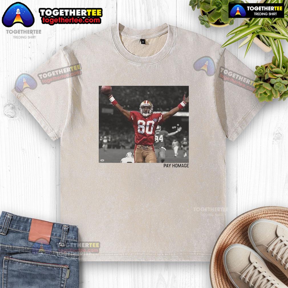 Original Jerry Rice San Francisco 49ers NFL Pay Homage washed t-shirt displayed on a hanger against a neutral background.