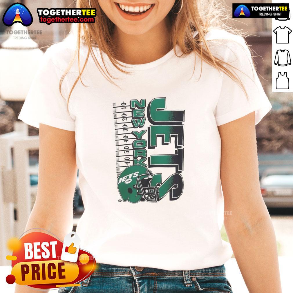 Alt Text: Vintage ladies tee featuring the Original New York Jets NFL 2025 Yardage Helmet design, perfect for fans.