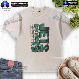 Alt Text: Vintage washed t-shirt featuring the Original New York Jets NFL 2025 yardage helmet design, perfect for fans.