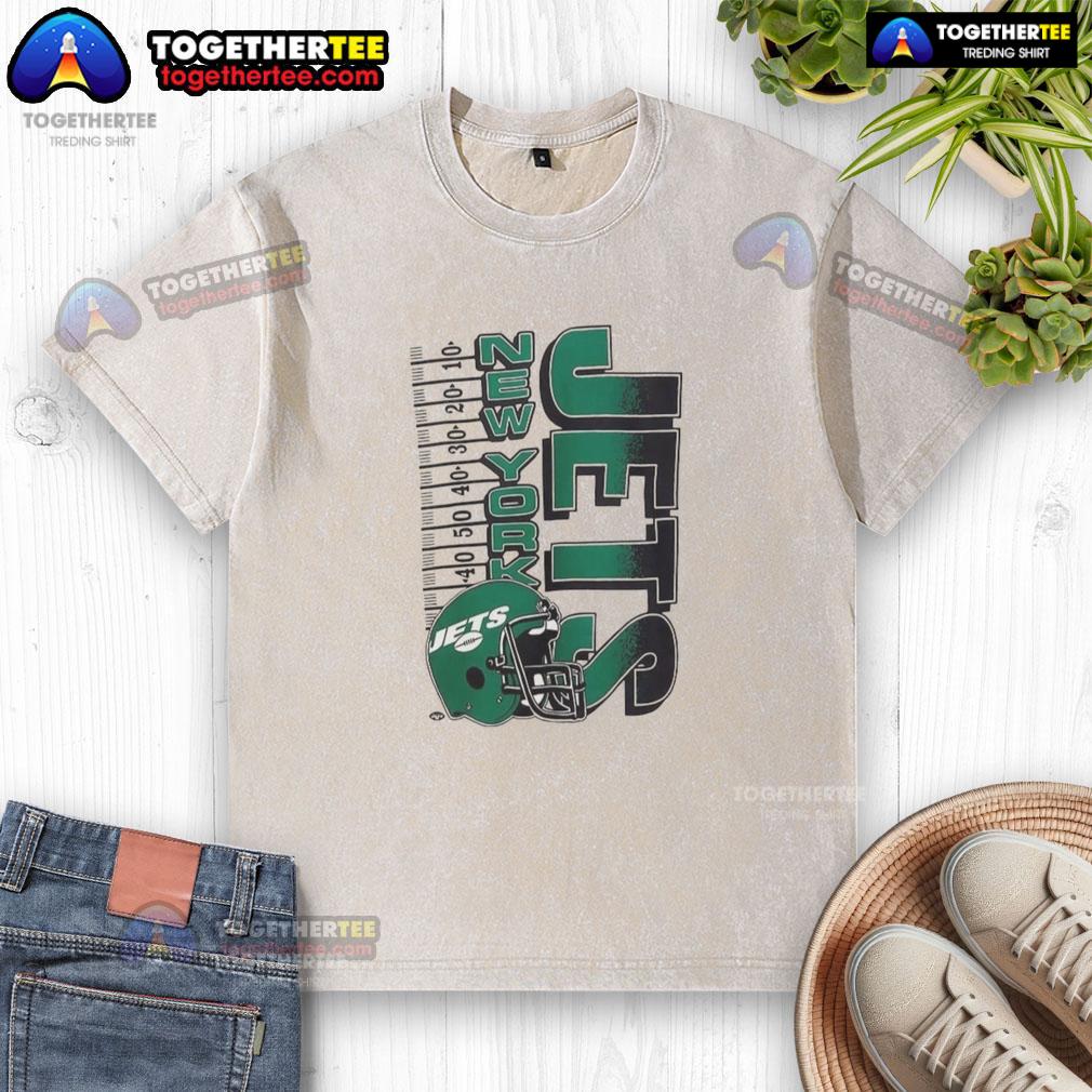 Alt Text: Vintage washed t-shirt featuring the Original New York Jets NFL 2025 yardage helmet design, perfect for fans.