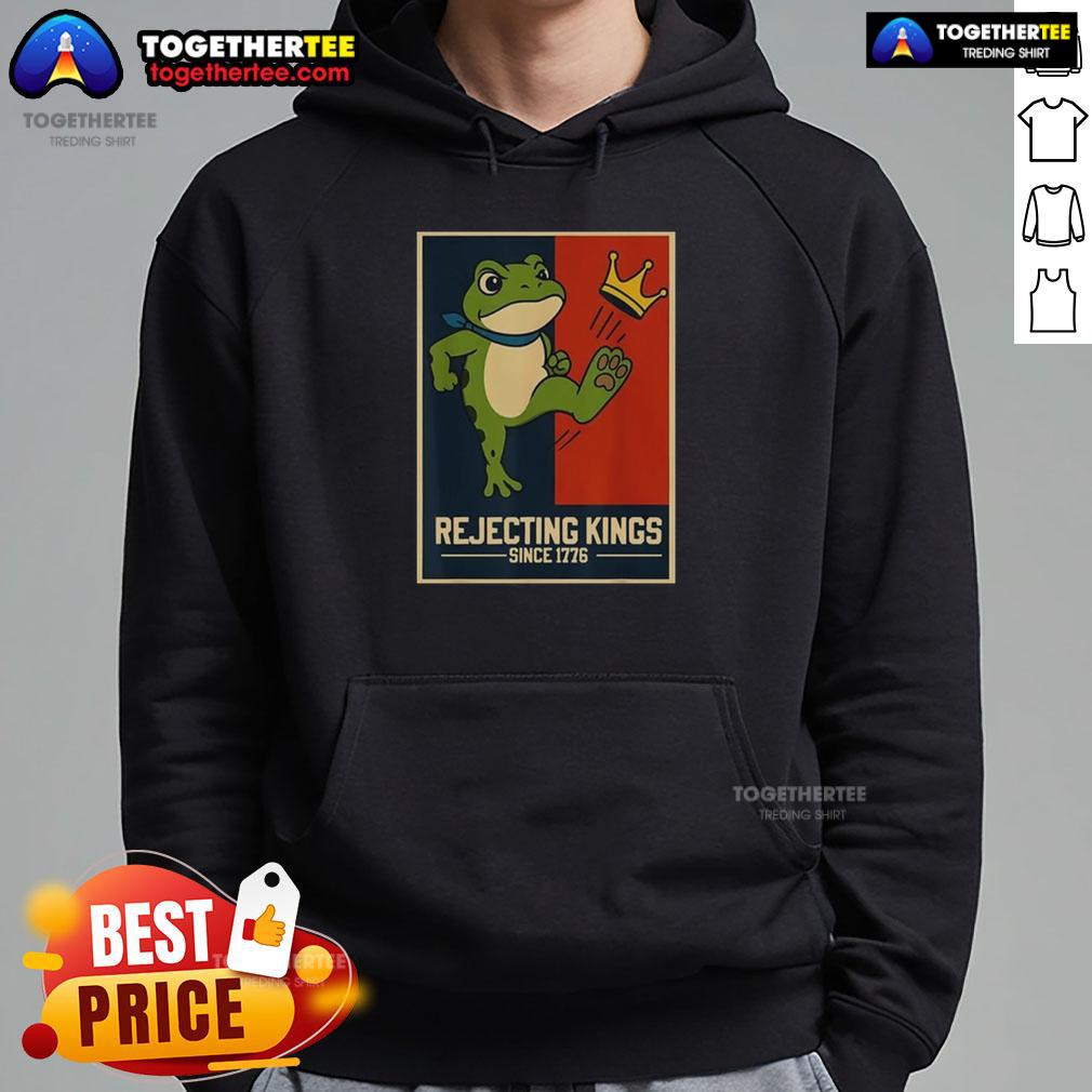 Original Rejecting Kings Since 1776 Portland Frog Hoodie featuring a vibrant frog graphic and trendy design.