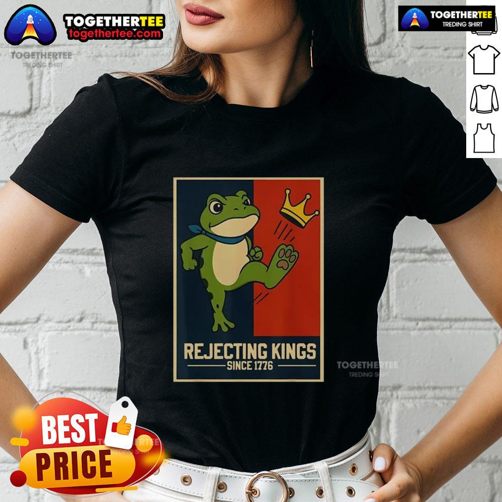 Alt Text: Original Rejecting Kings Since 1776 Portland Frog Ladies Tee featuring a playful frog graphic and vintage text design.