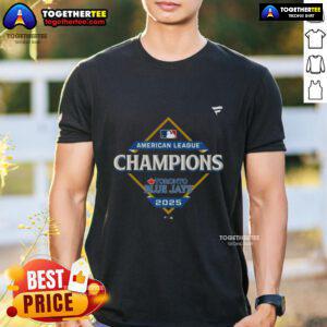 Alt Text: Original Toronto Blue Jays 2025 MLB American League Champions locker room T-shirt featuring team logo and colors.