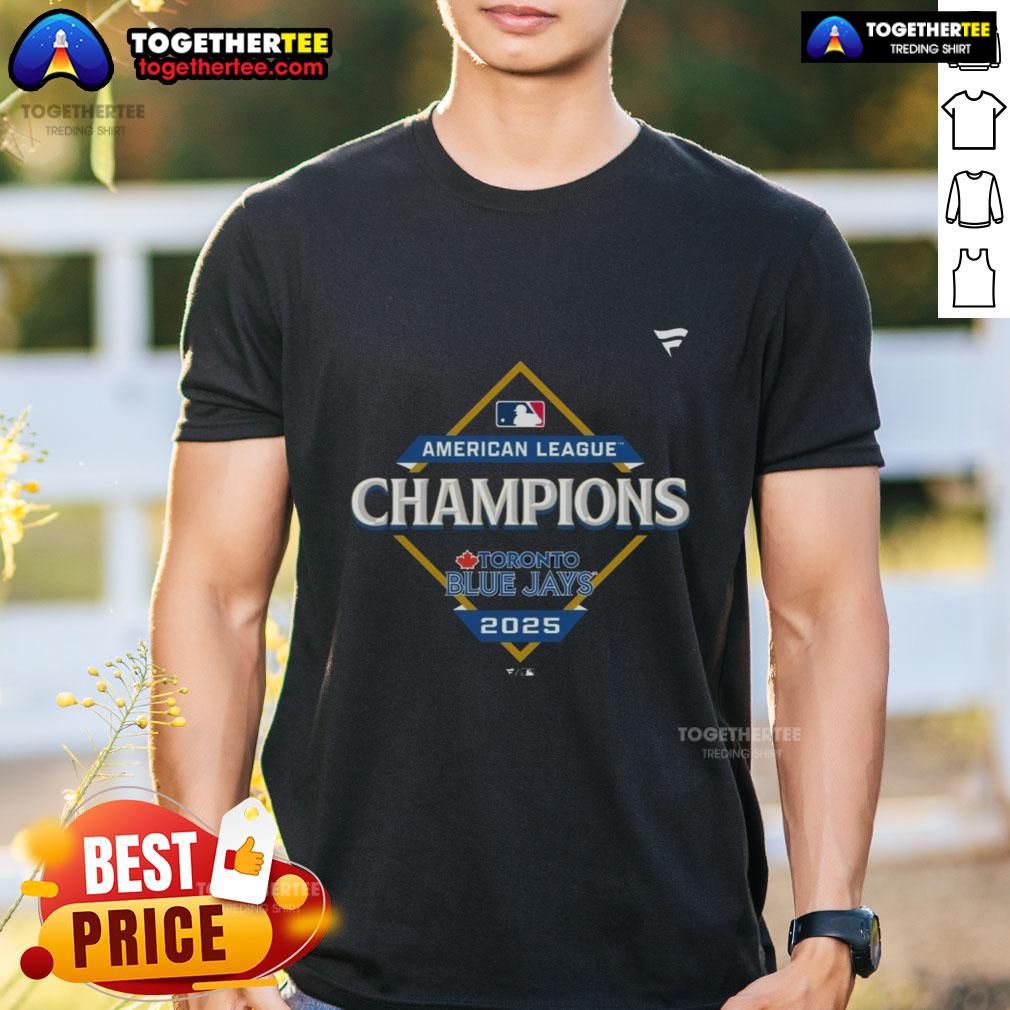 Alt Text: Original Toronto Blue Jays 2025 MLB American League Champions locker room T-shirt featuring team logo and colors.