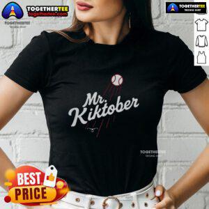 Alt Text: Premium Mr. Kiktober Los Angeles Dodgers Baseball tee for ladies, showcasing team spirit and stylish design for fans.
