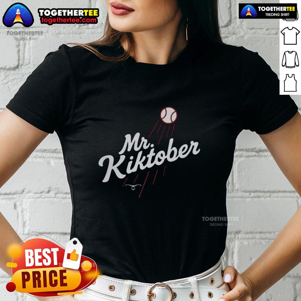 Alt Text: Premium Mr. Kiktober Los Angeles Dodgers Baseball tee for ladies, showcasing team spirit and stylish design for fans.