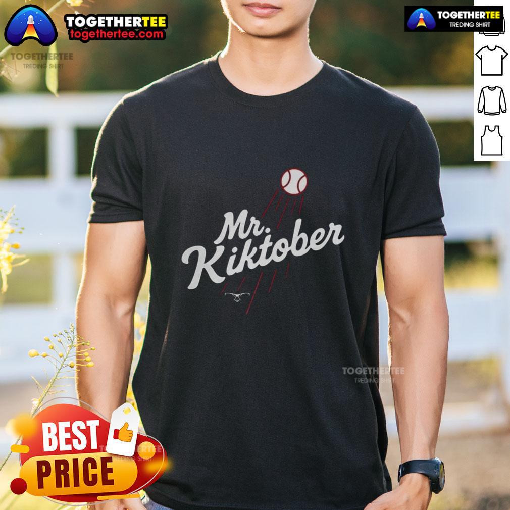 Alt Text: Premium Mr. Kiktober Los Angeles Dodgers Baseball T-Shirt featuring 'The Clutch Season' design, perfect for fans.