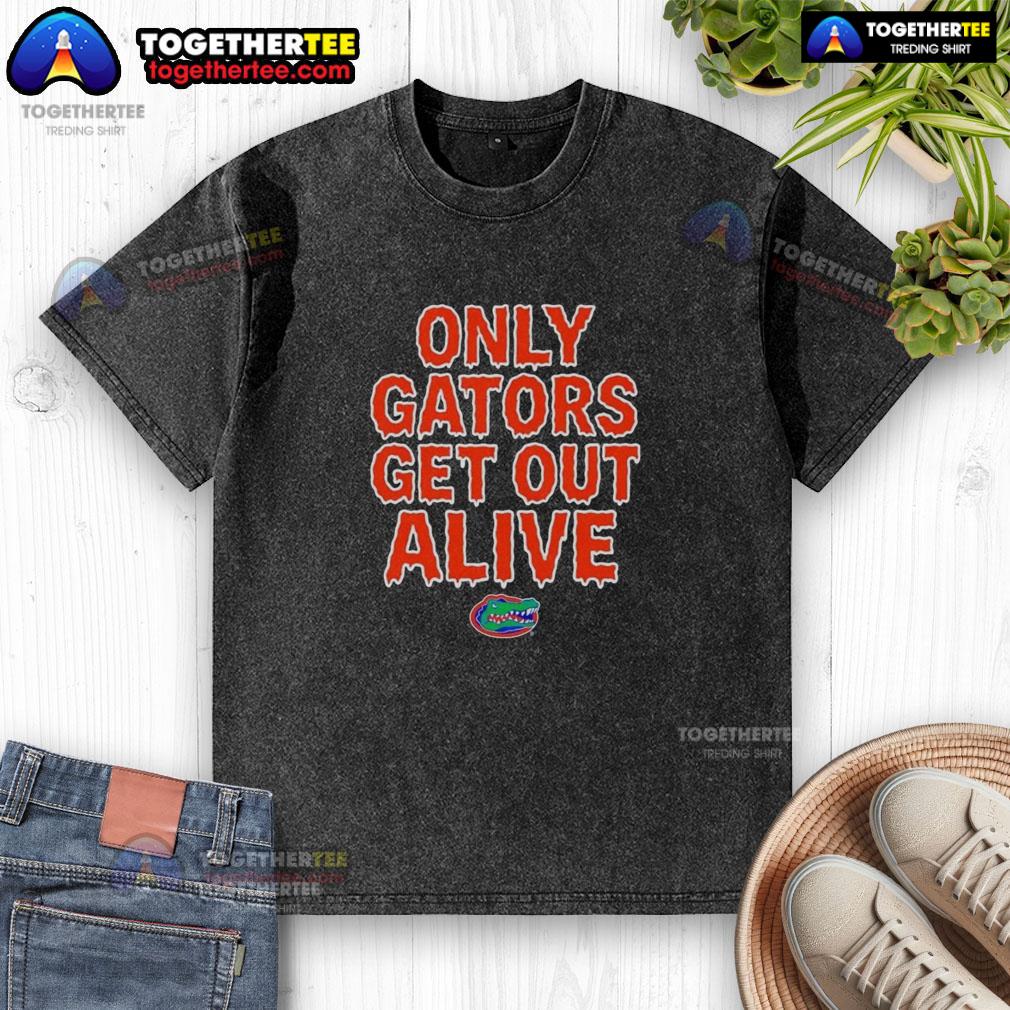 Pretty Florida Gators football washed t-shirt featuring 'Only Gators Get Out Alive' slogan for fans and alumni.