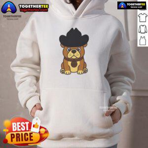 Cute Roscoe dog wearing a Pretty Rodeo hoodie, showcasing style and comfort for trendy pets.