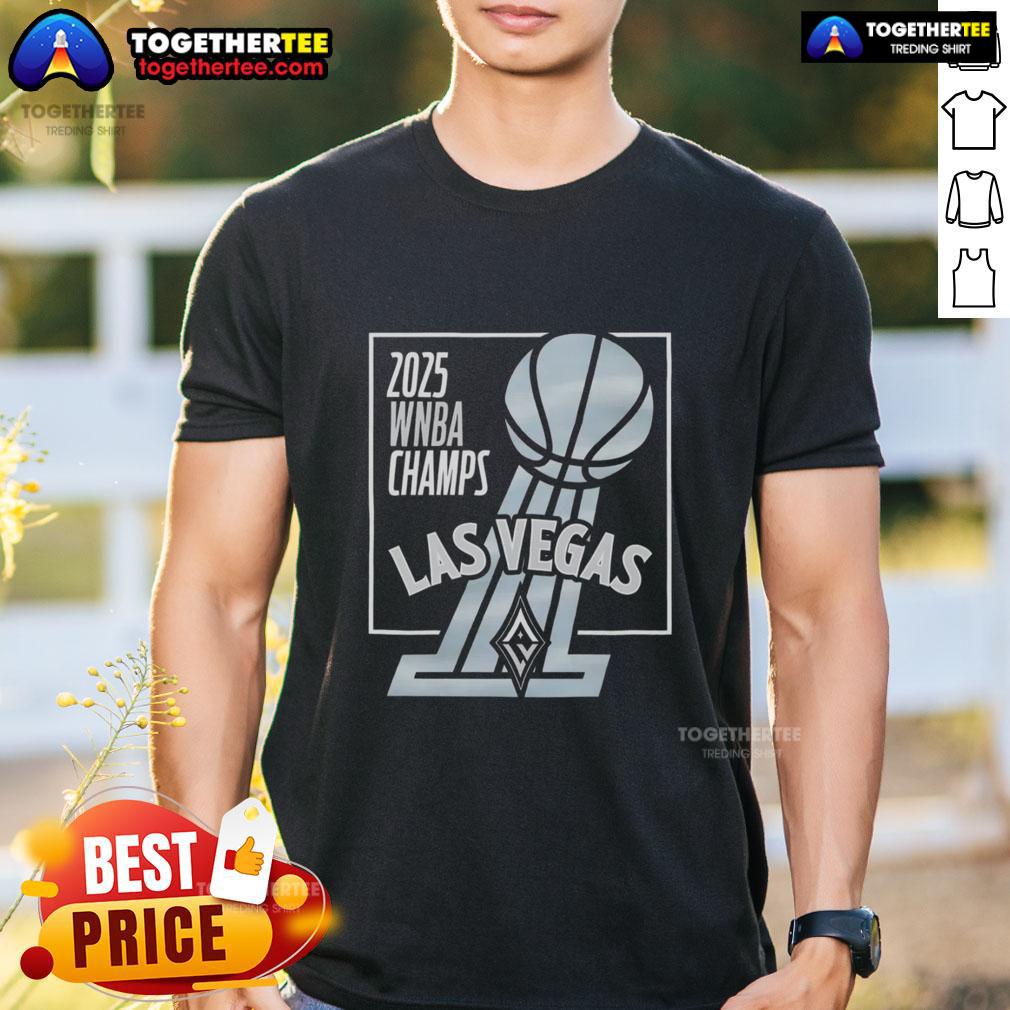 Las Vegas Aces trophy T-shirt celebrating the 2025 WNBA Champions, featuring vibrant graphics and team colors.