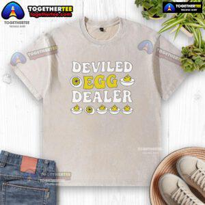 Top Deviled Egg Dealer Thanksgiving washed t-shirt featuring fun egg graphics and festive colors for holiday gatherings.