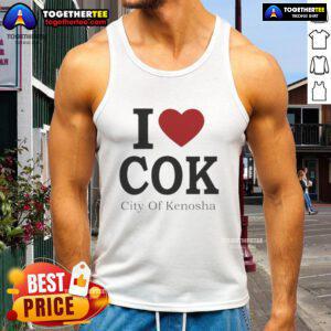 Stylish 'I Love Cok City of Kenosha' tank top displayed on a hanger, perfect for summer wear and local pride.