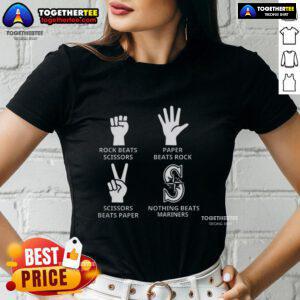 Seattle Mariners ladies tee featuring 'Top Rock Beats Scissors' design, perfect for fans of baseball and fun graphics.
