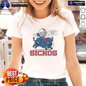 Cartoon ladies celebrating Buffalo Bills NFL fandom in a fun tee design, showcasing team spirit and humor.