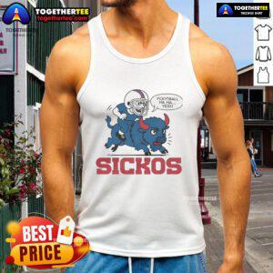 Cartoon of a Buffalo Bills fan in a tank top, showcasing NFL spirit with a humorous twist. Perfect for Sickos fans!