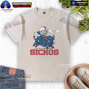 Cartoon of a Buffalo Bills fan in a washed t-shirt, celebrating with humor and enthusiasm for NFL football.