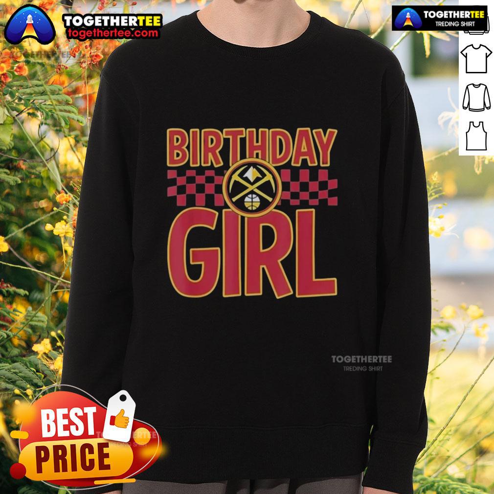 Birthday girl wearing a stylish Denver Nuggets sweatshirt, celebrating with team spirit and joyful energy.