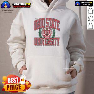 Ohio State University logo hoodie in scarlet and gray, showcasing school spirit and athletic style.