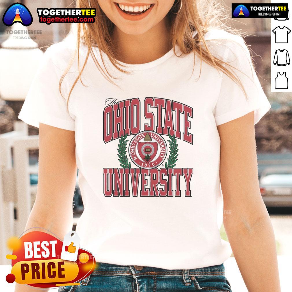 Ohio State University logo on a stylish ladies tee, perfect for fans and students showcasing school spirit.