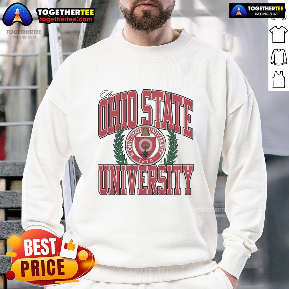 Ohio State University logo sweatshirt featuring bold colors and a comfortable design, perfect for fans and students.