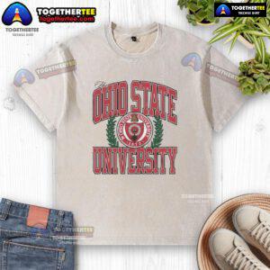 Ohio State University logo on a washed t-shirt, showcasing school spirit and casual style for fans.