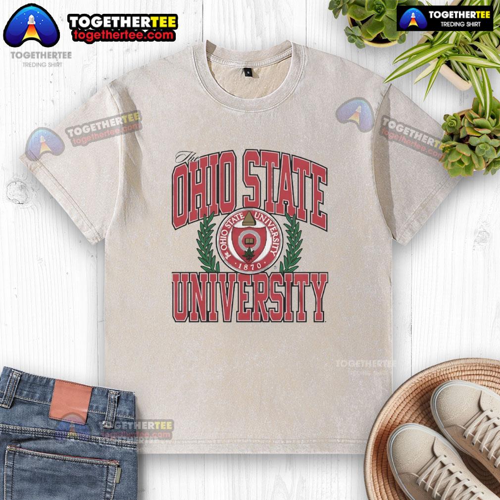Ohio State University logo on a washed t-shirt, showcasing school spirit and casual style for fans.