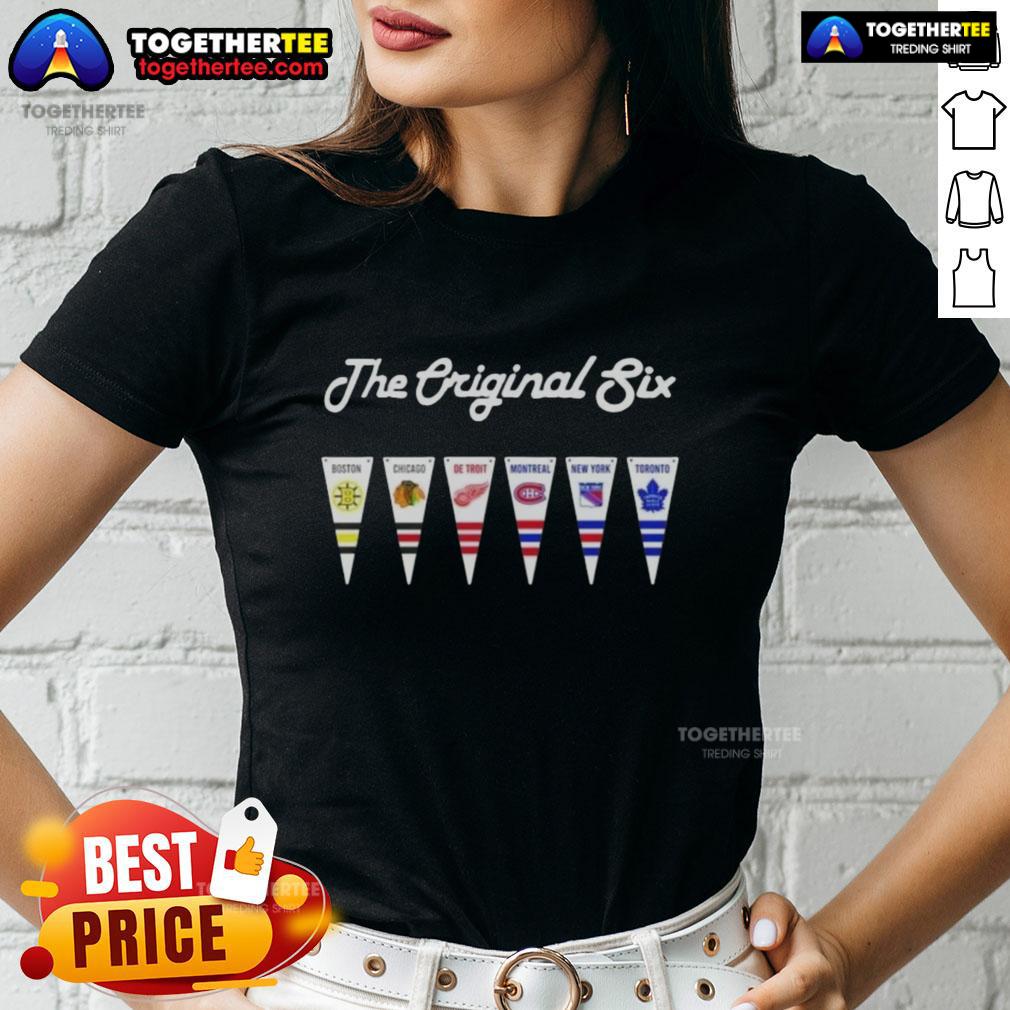 Happy NHL Original Six pennant flag design on a stylish ladies tee for hockey fans and collectors.