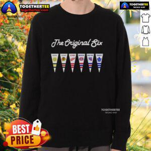 Alt Text: Happy NHL Original Six National Hockey League pennant flag sweatshirt showcasing team pride and vintage style.