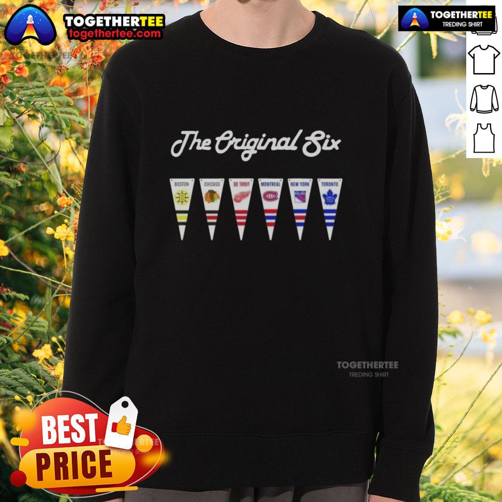 Alt Text: Happy NHL Original Six National Hockey League pennant flag sweatshirt showcasing team pride and vintage style.