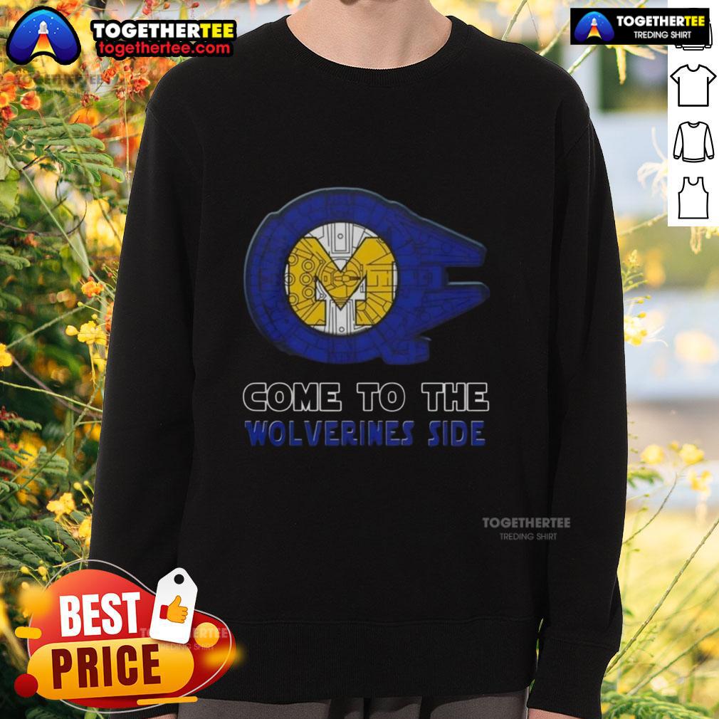 Happy Star Wars Come to the Michigan Wolverines side sweatshirt featuring iconic graphics and vibrant colors.