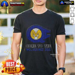 Happy Star Wars Come To The Michigan Wolverines Side T-Shirt featuring iconic characters in blue and maize design.