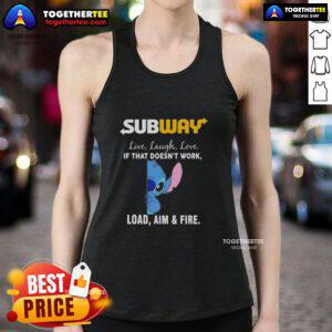 Premium Stitch X Subway tank top featuring 'Live Laugh Love' and 'Load Aim and Fire' designs, ideal for casual wear.